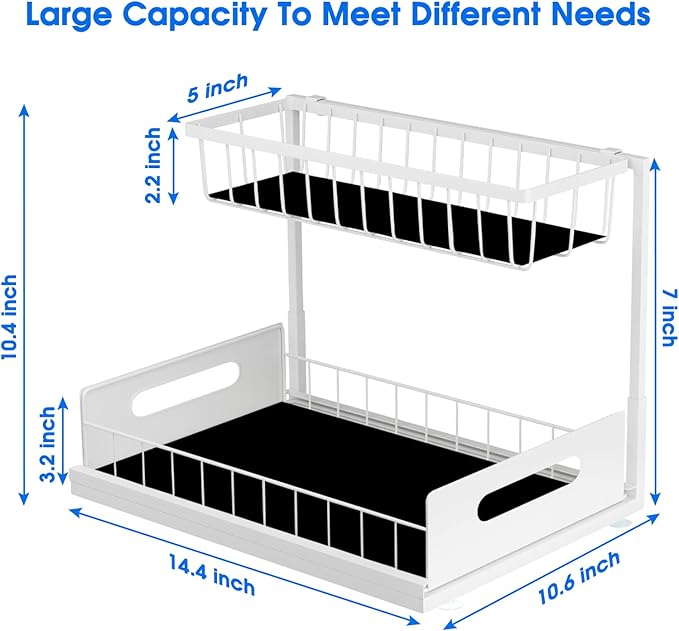 UINOFLE 2 Pack Under Sink Organizer, 2 Tier Pull-Out Cabinet Storage Shelf, Rust-Resistant Metal Organizer for Kitchen Bathroom Laundry Room, No Tools Installation, White