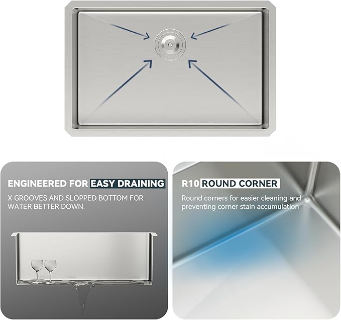 Lordear 28 Kitchen Sink Undermount 16 Gauge Stainless Steel Single Bowl Under Counter Handmade Kitchen Sink Basin, 28"x18"x10"
