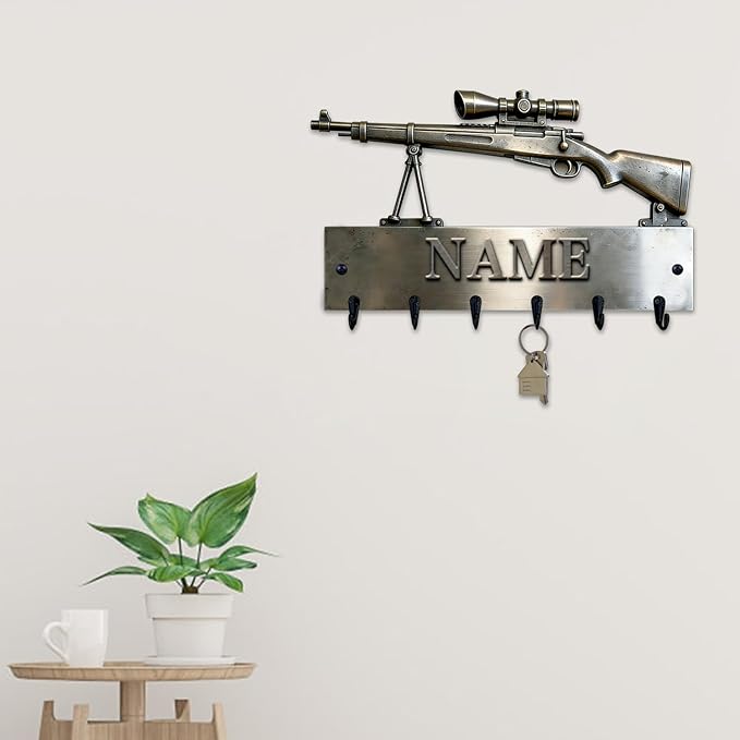 Custom Gun Bullet Themed Wall Hooks for Men Husband Grandpa Dad Personalized Name Pistol Bullet 2D Flat Print Gun Equipment Wall Mounted Key Rack Firearm-Themed Coat Holder for Bedroom Man Cave Carage