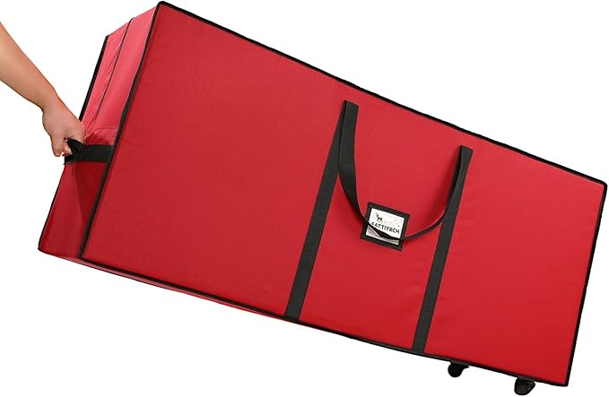 Sattiyrch Christmas Tree Storage Bag, Fits Up to 7.5 ft Tall Artificial Tree, Heavy Duty 600D Canvas Red Rolling Tree Storage Bag with Sleek Dual Zipper and Durable Handles, 45" x 15" x 20"