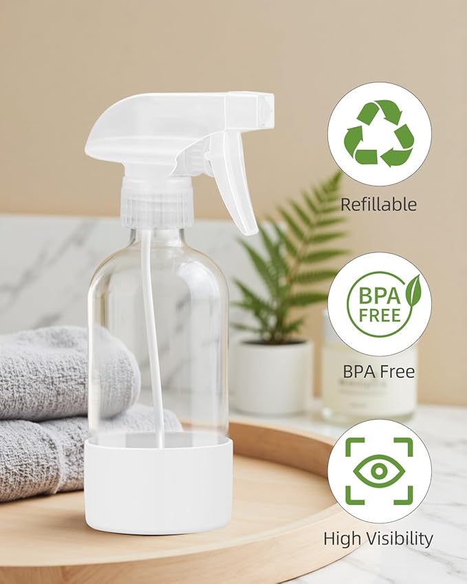 Worldgsb 2 Pack Glass Spray Bottles 8 oz, Empty Refillable Containers with Silicone Sleeve Protection, Glass Spray Bottles for Cleaning Solutions, Hair and Plants with Adjustable Nozzles White