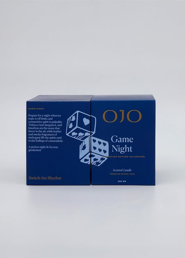 OJO Game Night Scented Candle – 7.8 oz Jar Candle with Deep Love, Woody, Ambery | Over 35-Hour Long-Lasting Burn | Premium Blend Wax, Home Fragrance and Gift for Special Days