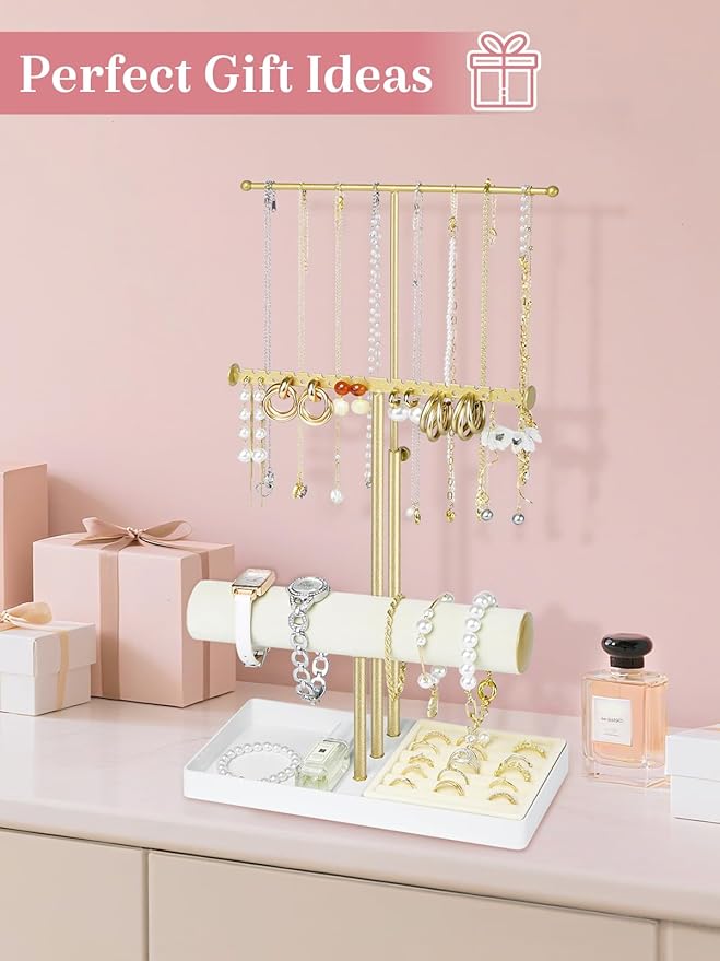 Jenseits 3-Tier Jewelry Holder Organizer:17.1" Adjustable Hanger, Velvet Ring Tray, Metal Aesthetic Display Stand for Necklaces, Earrings, Bracelets, Watches, Gold Jewelry Storage Tower Tree for Women
