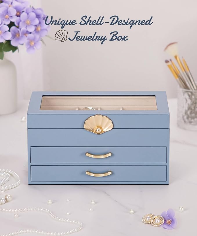 Jewelry Box with 2 Drawers: Jewelry Display Organizer for Earrings Necklaces - Gifts for Girls Women (Grey Blue)