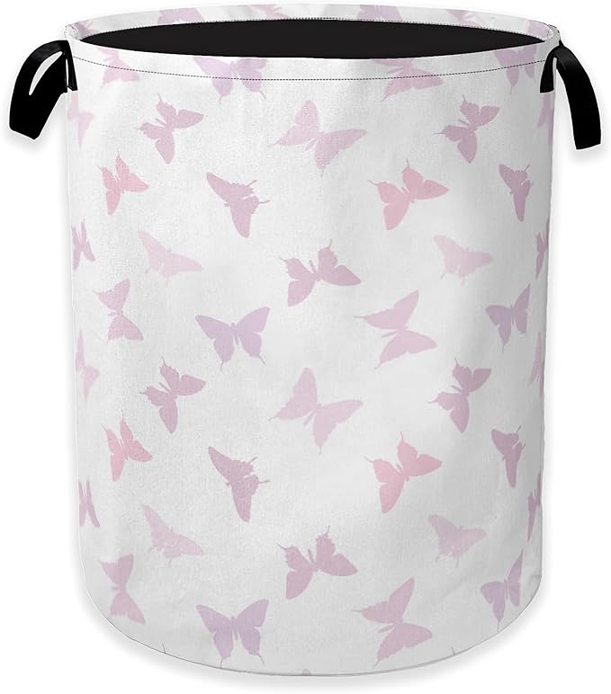 Collapsible Laundry Basket,Pink Butterfly Dirty Clothes Hamper,Girls Hampers for Bedroom Waterproof Oxford Cloth Storage Organizer for Bathroom,Nursery,Dorm,16x20 Inch