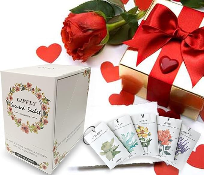 LIFFLY 14 Packs Scented Sachets for Drawers and Closets Lavender, Rose, Jasmine, Ocean, Vanilla, Sandalwood, Gardenia 7 Scent Gift Box