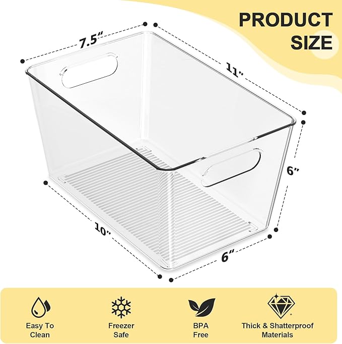 Joymeezo 4 Pack Clear Plastic Storage Bins, Pantry Organization and Storage Bins for Kitchen-Fridge Organizer, Pantry Storage Containers, Cabinet Organizers