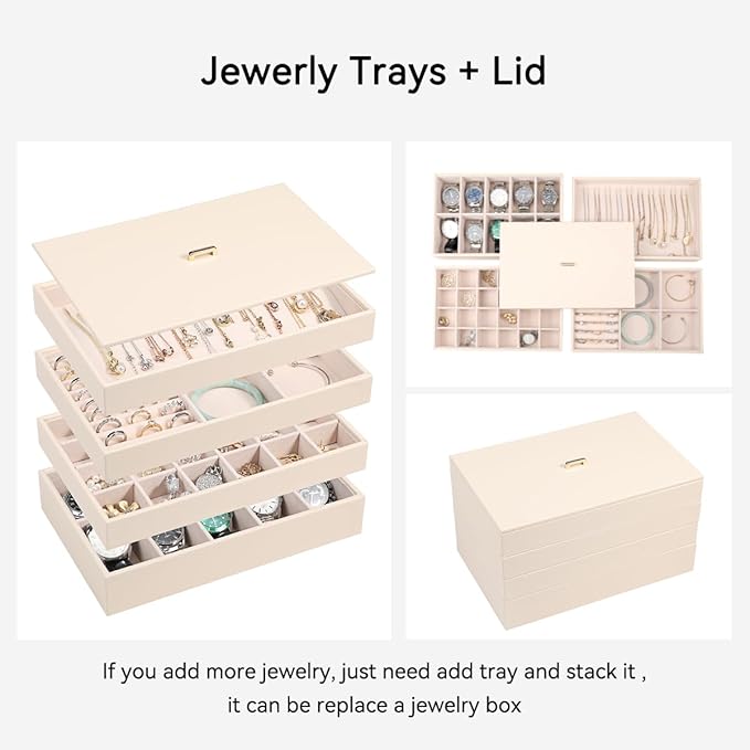 Voova Stackable Jewelry Organizer Tray with Lid, PU Leather Jewelry Storage Holder for Drawer Inserts, Jewellery Display Box Case for Earring Necklace Ring Watch Bracelet (Set of 4, Apricot)