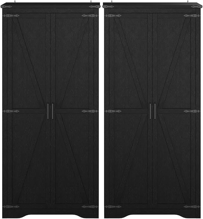 Set of 2 Black Farmhouse Storage Cabinet with Adjustable Shelves, Large Pantry Organize with 2 Barn Doors, Tall Freestanding Cabinet for Kitchen, Bathroom, Garage, Basement, Living, Utility Room