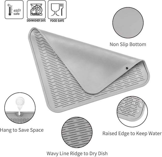 MicoYang Silicone Dish Drying Mat for Multiple Usage,Easy clean,Eco-friendly,Heat-resistant Silicone Mat for Kitchen Counter or Sink,Refrigerator or Drawer Liner Grey XL 18 inches x 16 inches