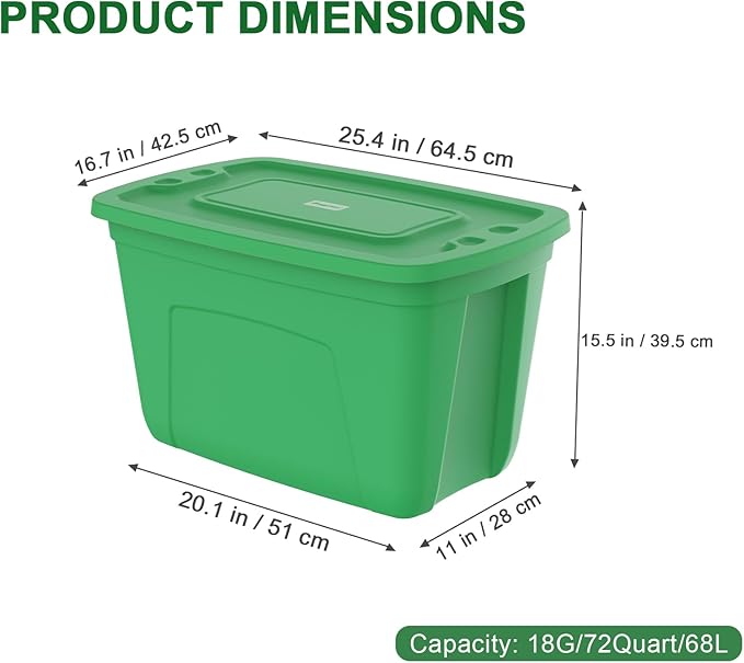 Storage Bins with Lids - Made in USA 18-Gallon (72-Quart) 4-Pack Green Storage Totes with Lids, Plastic Stackable Containers Large Storage Boxes for Home, Bathroom, Office Organization