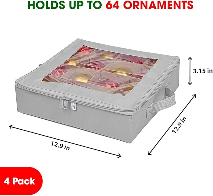ProPik 4 Pcs Christmas Ornament Storage Boxes with Dividers, Transparent Top Zipper Closure, 4 Individual Ornament Holder Trays, Keeps 64 Holiday Ornaments, Ornament Organizer Storage Box (Gray)