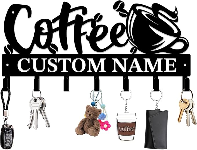 Personalized Custom Name Coffee Bar Wall Keys Hooks,Metal Coffee Shop Art Clothes Hooks,Metal Coffee Lover Wall Home Storage Decorative,For Front Door, Hallway, Kitchen, Bedroom,Keys,Hats (Style D)