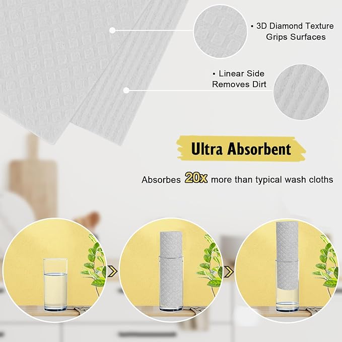 MoLKENE Swedish Dishcloths for Kitchen | 6 Pack Absorbent Cellulose Sponge Cloths Washable | Non-Scratch Reusable Paper Towels Quick Drying Cleaning Cloths - White