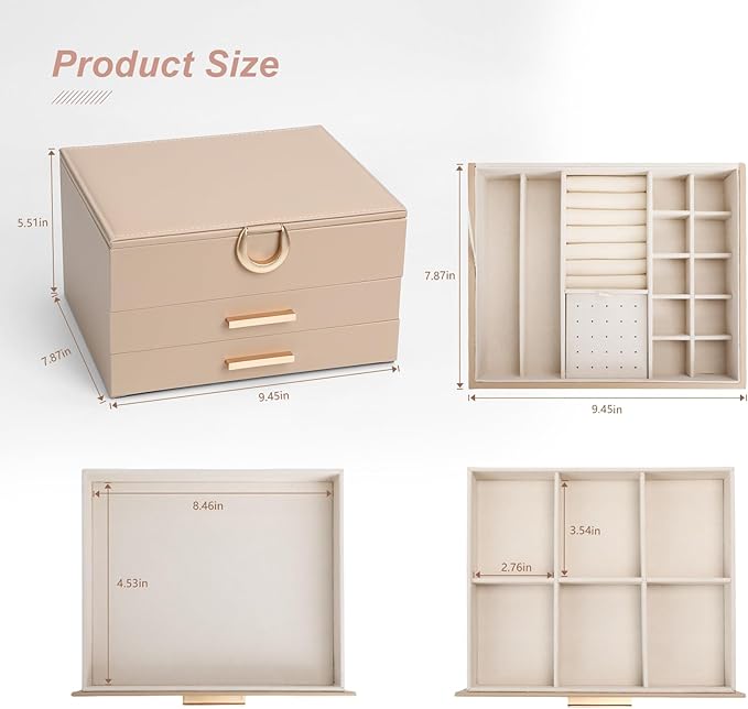 Leather Jewelry Box Premium 3-Layer Jewelry Case with Mirror - Scratch-Resistant Storage for Earrings, Rings, Necklaces, Ideal Gift for Women Apricot