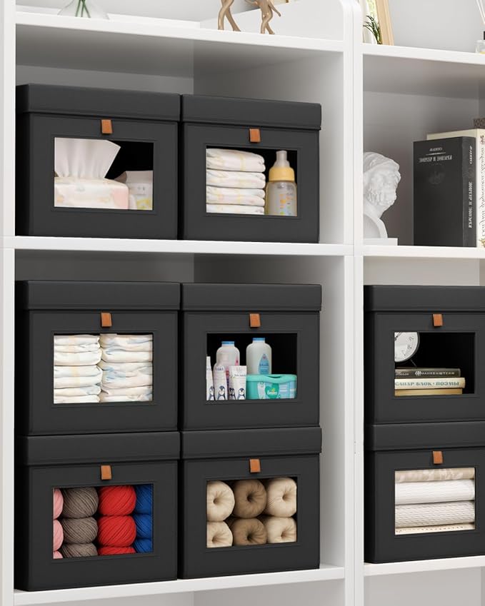Storage Bins with Lid – Closet Organizer with Side Opening and Clear Window, Foldable Stackable Fabric Basket for Clothes, Home, Office - 13.77" x 11.8" x 9.8", 6 Pack, Black