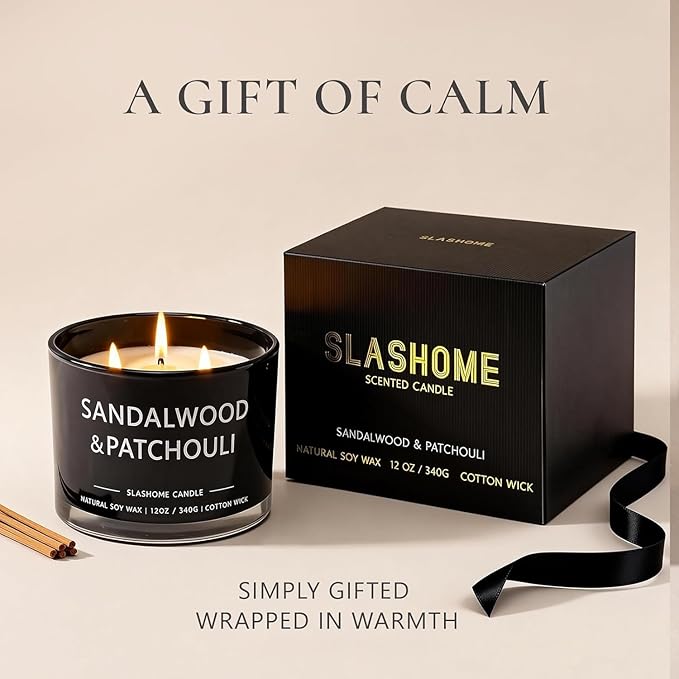 Patchouli & Amber Scented Candle, Luxury Large 3 Wick Soy Candle 12 Oz, 60+ Hour Long Lasting Clean Burn, Elegant Aromatherapy Home Decor, Housewarming & Birthday Gift for Men & Women