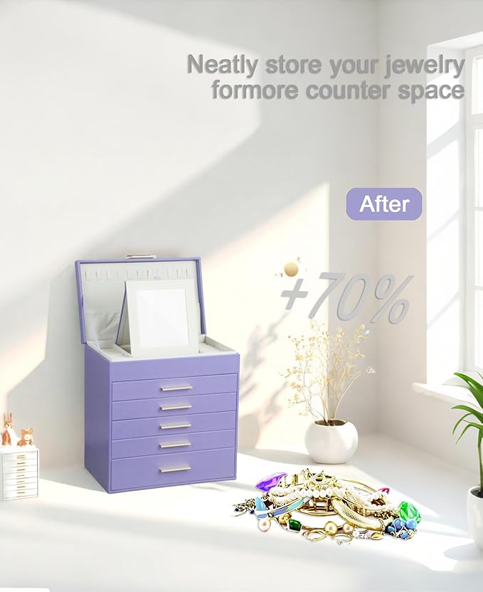BOOVO Jewelry Box with Necklace Hanger – 6 layer Jewelry Organizer for Women with 5 Drawers, Large Jewelry Storage Boxes –Jewelry Organizers and Storage for Earrings, Necklaces (Purple, 6 layer)