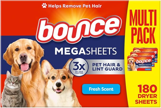 Bounce Pet Hair and Lint Guard Mega Dryer Sheets with 3X Pet Hair Fighters, Fresh Scent, 180 Count