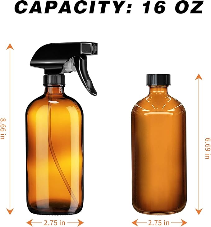 Glass Spray Bottle, 2 Pack 16oz Empty Sprayer with Funnel & Cap & Labels, Large Refillable Mist Bottles for Cleaning, Plant, Essential Oil, Facial Hydration, Water Flower & Hair, (Amber & Frosted)