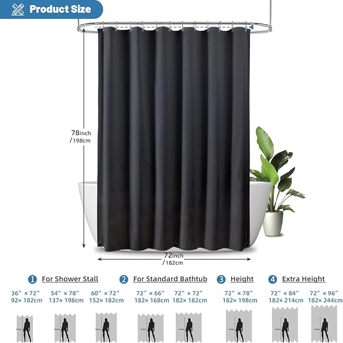 THAIGEE Water-Repellent Fabric Shower Curtain Liner - Hotel Quality Machine Washable, 3 Heavy-Duty Magnets with Rustproof Grommets & Weighted Hem, Standard Size 72x78in Black