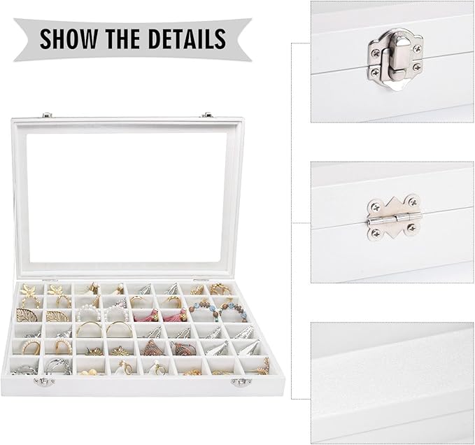 Jewelry Tray Organizer Box 48 Grid Jewelry Display Organizer Box with Transparent Lid Rings Earrings Necklaces Pendants Display Box Suitable for Women and Girls (48 Grid, White)