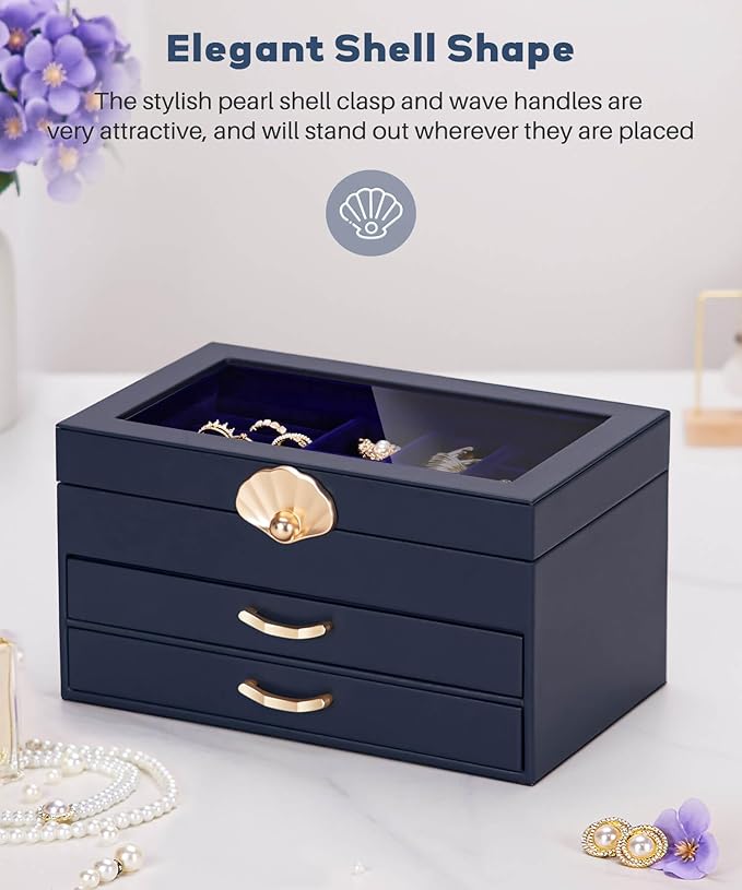 Jewelry Box with 2 Drawers: Display Organizer for Earrings Necklaces - Gifts for Girls Women (Dark Blue)