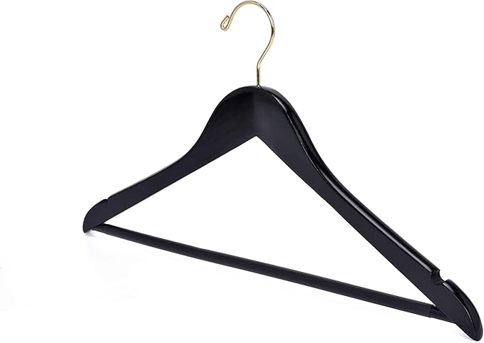 Quality Black Wooden Hangers - Slightly Curved Hanger Set of 80-Pack - Solid Wood Coat Hangers with Stylish Chrome Hooks -Heavy-Duty Clothes, Jacket, Shirt, Pants, Suit Hangers (Black - Gold Hook, 80)