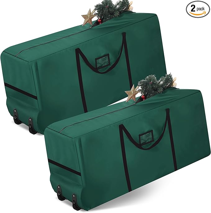 2 Pcs Christmas Tree Storage Heavy Duty Containers 7.5 ft Zippered Rolling Tree Storage Bag Christmas Box Bag with Wheels and Handles for Disassembled(Green)