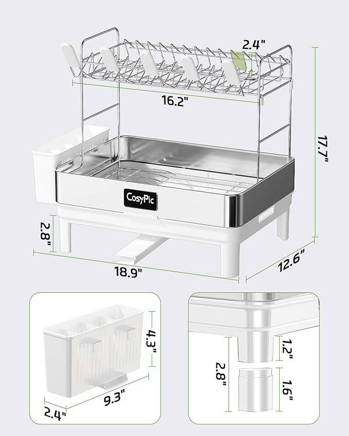 CosyPic 2 Tier Dish Drying Rack, Thicker Premium 304 Stainless Steel Dish Racks for Kitchen Counter, Automatic Drainage Spout, Dish Drainer & Drainboard Set with Utensil Holder and Cup Holder, White