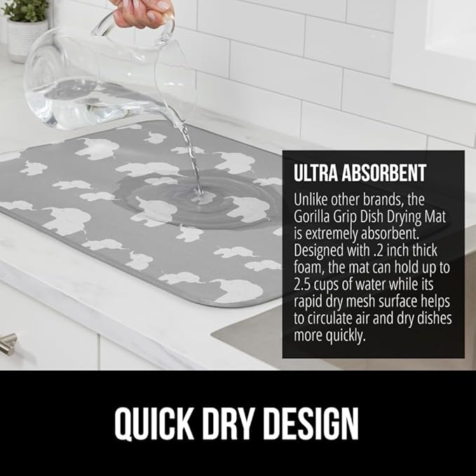 GORILLA GRIP Ultra Water Absorbent Microfiber Dish Drying Mat, 18x32, Quick Dry Thick Mesh, Slip Resistant Pad for Sink Dishes or Under Rack, Kitchen Counter Accessories, Machine Wash Mats, Elephants