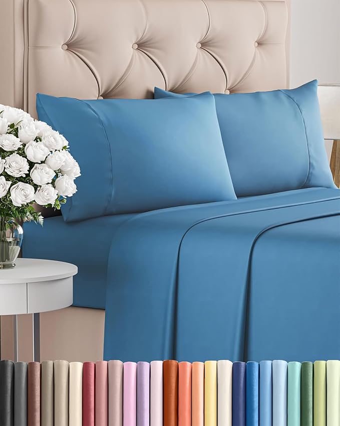 Twin XL 4 Piece Sheet Set - Comfy Breathable & Cooling - Ultra Soft Hotel Luxury Bedding Set w/ 8-16 Inch Deep Pockets - 1 Flat & 1 Fitted Sheet & 2 Pillowcases - Wrinkle Free & Easy Care - Denim Blue