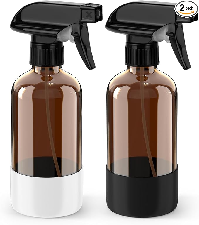 Bontip Glass Spray Bottle with Silicone Sleeve Protection, Amber Glass Spray Bottle Set for Window Cleaner Aromatherapy Facial Hydration Watering Flowers Hair Care 2 Pack/8 oz (Black & White)