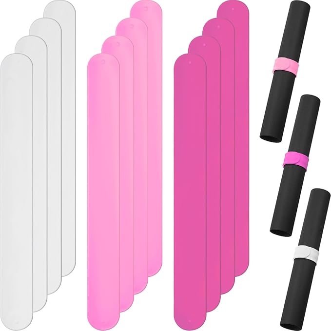 Charniol 12 Pieces Wrapping Paper Roll Holder Holiday Flip Wraps Silicone Covered Metal Strips Flip 1 x 9 Inch Stabilizer Slap Band for Poster Gift Paper Vinyl Storage Organize (Rose Red,Pink,White)