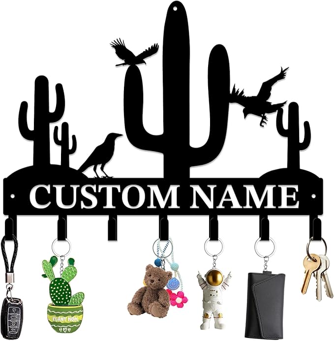 Personalized Custom Name Cactus Wall Keys Hooks,Metal Cactus Art Clothes Hooks,Metal Cactus Lover Wall Home Storage Decorative,For Front Door, Hallway, Kitchen, Bedroom,Keys,Hats (Style H)