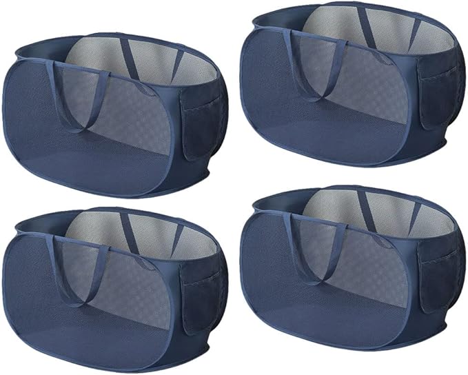 Rubruan 4 Piece Popup Mesh Laundry Basket Durable Handles Collapsible Laundry Baskets Folding Clothes Pastic Hamper for Laundry Room College Dorm (Navy Blue)