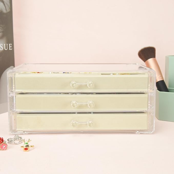Weiai Acrylic Jewelry Box 3 Drawers, Velvet Jewellery Organizer, Earring Rings Necklaces Bracelets Display Case Gift for Women, Girls, Beige