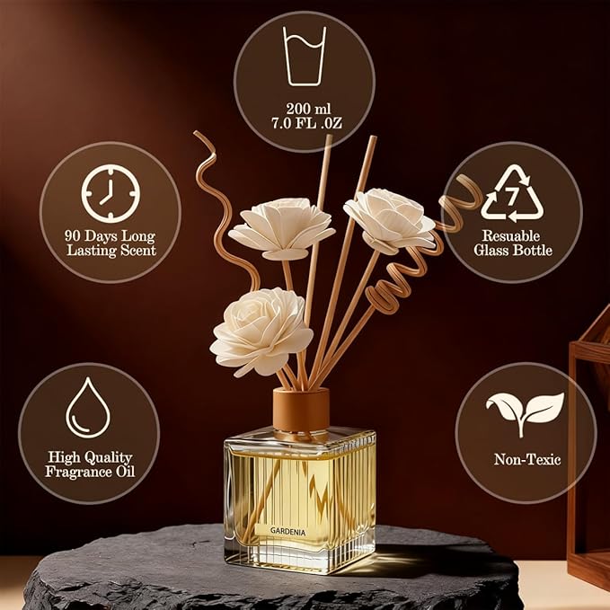 Mahogany Teak Reed Diffuser Set - 6.7 oz Glass Bottle with 4 Rattan Sticks, 3 Dried Flowers | Adjustable, Long-Lasting Scent for Home, Bedroom, Living Room, Office, Bathroom | Aromatherapy Gift Set