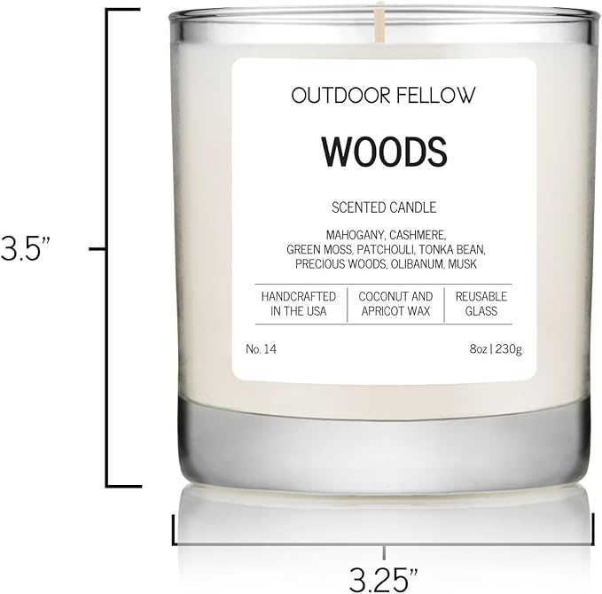 Outdoor Fellow Woods Scented Candle, 8oz, Coconut & Apricot Wax Blend, Mahogany, Cashmere, Patchouli, Tonka Bean, 40-50 Hour Burn Time, Earthy Home Fragrance