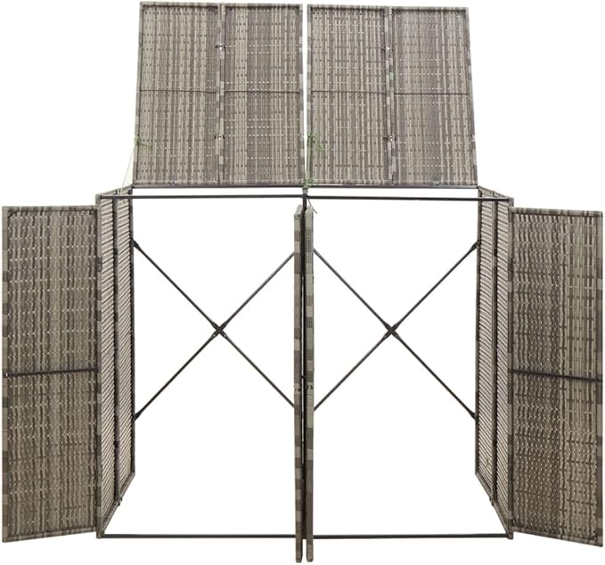 Double Wheelie Bin Shed Garbage Can Storage Shed, PE Trash Container Management Unit, Outdoor Patio Recycling Dustbin Trash Shed, Gray 55.1"x31.5"x46.1" Poly Rattan -AA