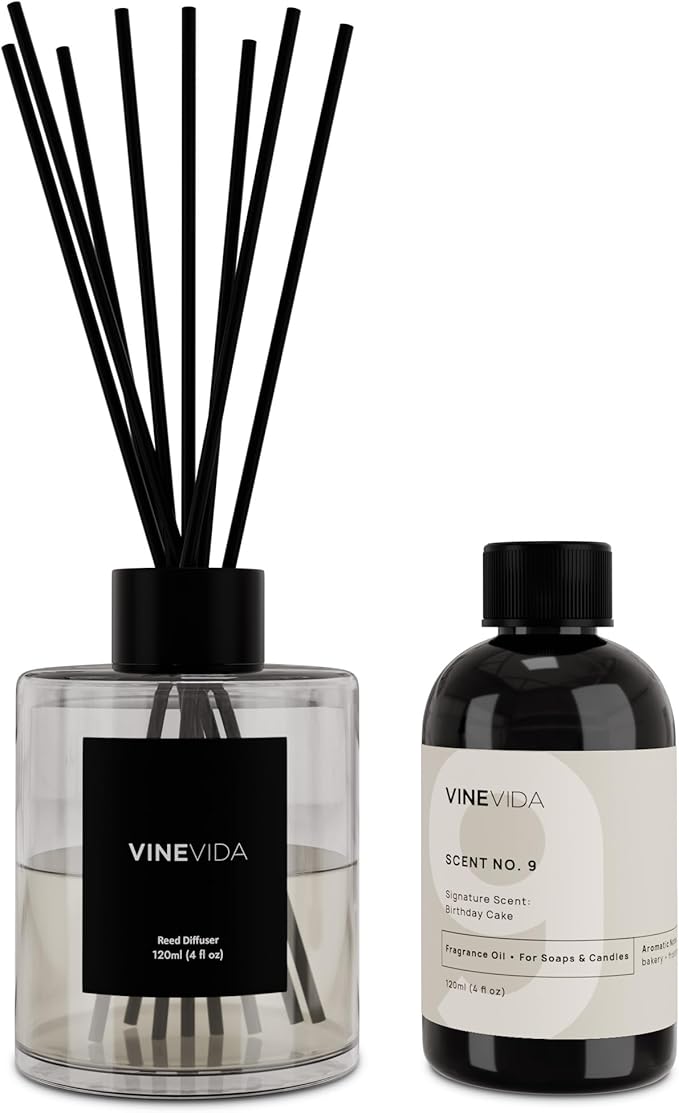 VINEVIDA Scent NO. 9 Reed Diffuser - 120mL (4oz) - Signature Scent: Birthday Cake, Reed Diffusers for Home, Office, Bathroom, Made in USA Scent Diffuser Sticks, Room Fragrance Diffuser