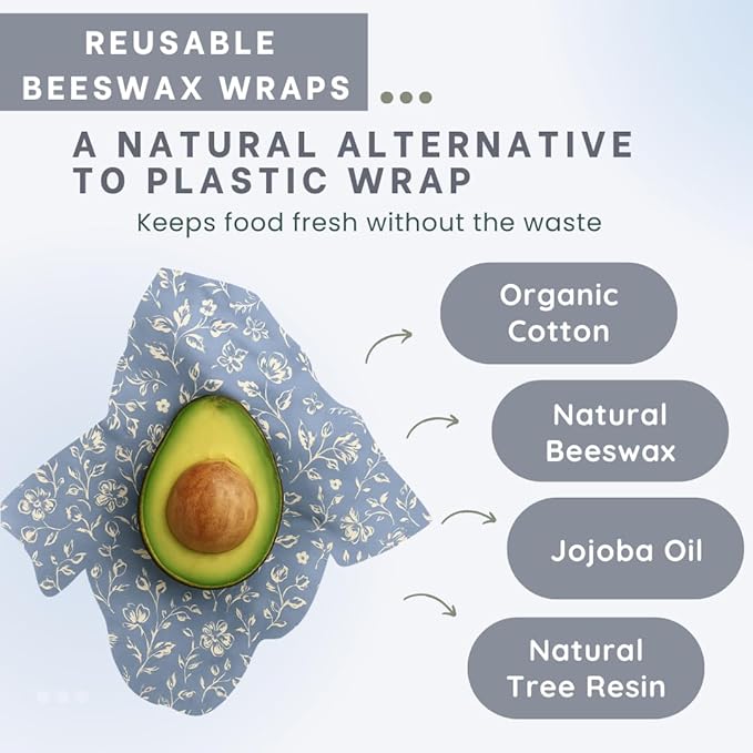 Beeswax Food Wraps 3 Pack (S, M, L) | Reusable, Organic, Plastic-Free Storage (White, Blue, Green - Beige Packaging)