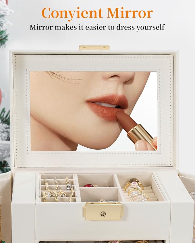 TORIBIO Large Jewelry Box for Women, Leather Jewelry Organizer with Mirror & Lock, 6-Tier Jewelry Storage Case for Girls/Women/Mothers, Necklace Earring Bracelets Holder Organizer
