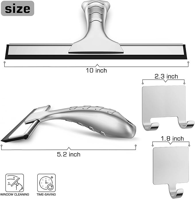 OVSGTTZ All-Purpose Stainless Steel Shower Squeegee for Glass Doors with 2 Adhesive Hooks, Squeegee for Bathroom Cleaner Tool Household Window Mirror Squeegee, Cleaning Tile Wall, Car, 10 Inch Silver