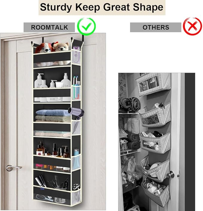 roomtalk Over The Door Hanging Organizer 5-Shelves and 10 Side Pockets, Over The Door Storage for Bathroom and Bedroom, Back of Door Organizers for Baby Accessories and Kid's Toys (13"x5"x44", Black)