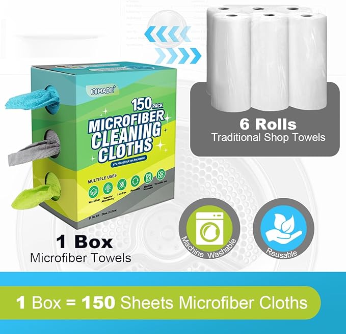 UNIMADE Microfiber Cleaning Cloth, 150 Pack Reusable Microfiber Towels for Cars Lint Free Cleaning Shop Towel Rags with Dispenser Box for Home Kitchen Automotive Restaurant Garage, 11"x 9", Multicolor