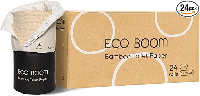 ECO BOOM Unbleached Bamboo Toilet Paper, 100% Tree-Free & Plastic-Free Packaging, 24 Mega Rolls, 360 Sheets & 3-Ply | PFAS Free, BPA Free, Septic Safe & FSC Certified