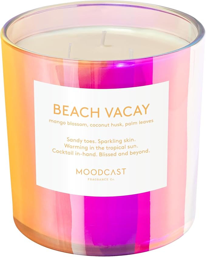 Moodcast Beach Vacay 3 Wick Scented Candle - Large Aesthetic Candle for Home, Mango Blossom, Coconut & Palm Leaf, Clean Coco Wax Blend, Vegan, Paraben Free, 100-Hour Long Lasting Burn - 24oz
