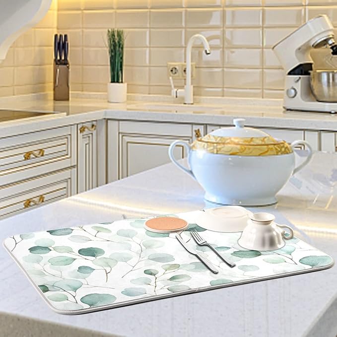 Green Leaves Dish Drying Mat 18x24 for Kitchen Counter Watercolor Herbs Women Pioneer Kitchen Drying Mats Dishes Pad Absorbent Fast Dry Dish Draining Mats Large Kitchen Accessories