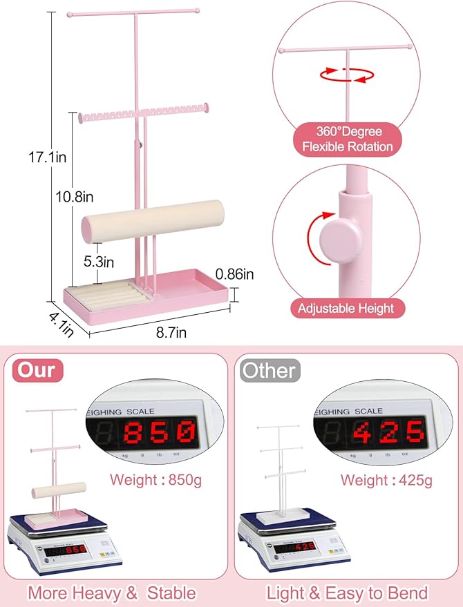 Jenseits Jewelry Holder Stand Organizer, 3-Tier Necklace Holder w/Bracelet Holder Display & Velvet Rings Tray, Pink Jewelry Organizer for Women Girls, Cute Aesthetic Jewelry Hanger Tower Storage Rack